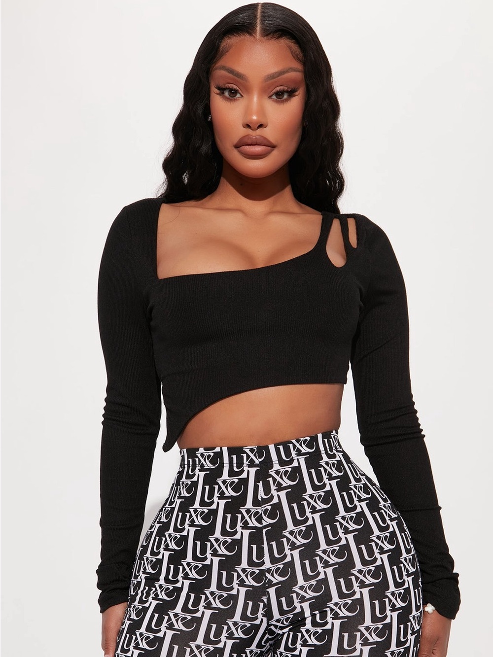 Fashion Nova Black Asymmetrical Cutout Long Sleeve Crop Top - Modern Square Neck